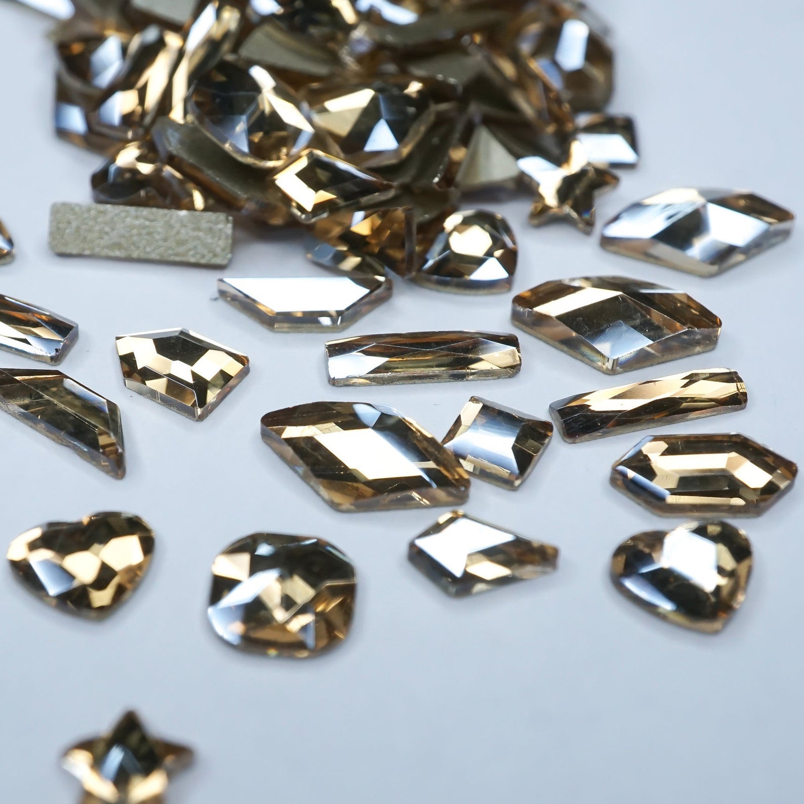Champagne- 100 Mix shapes - Nail art- Rhinestones - GLASS- flat back