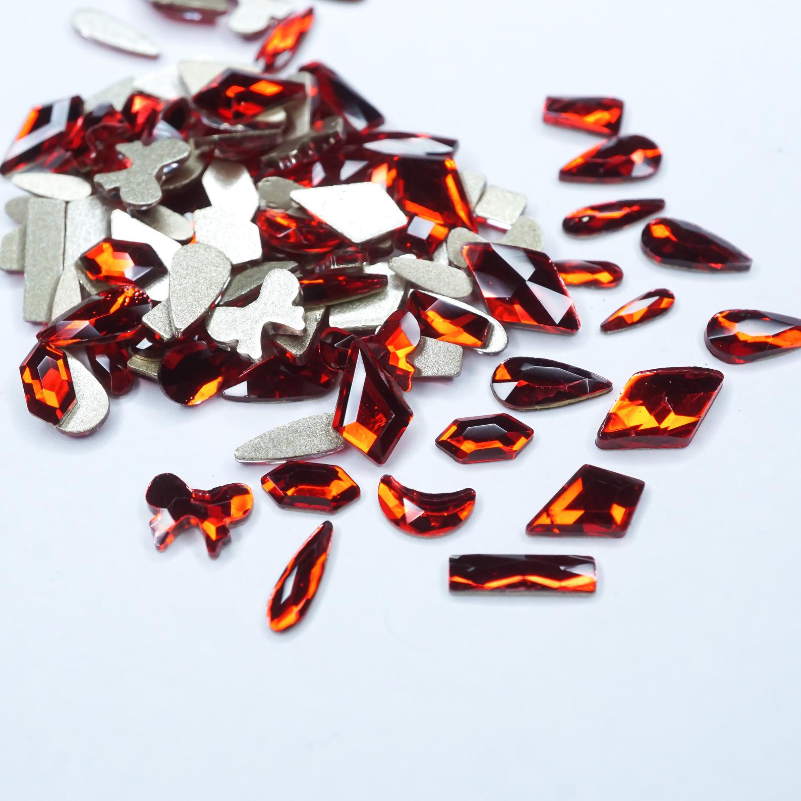 Red- 100 Mix shapes - Nail art- Rhinestones - GLASS- flat back