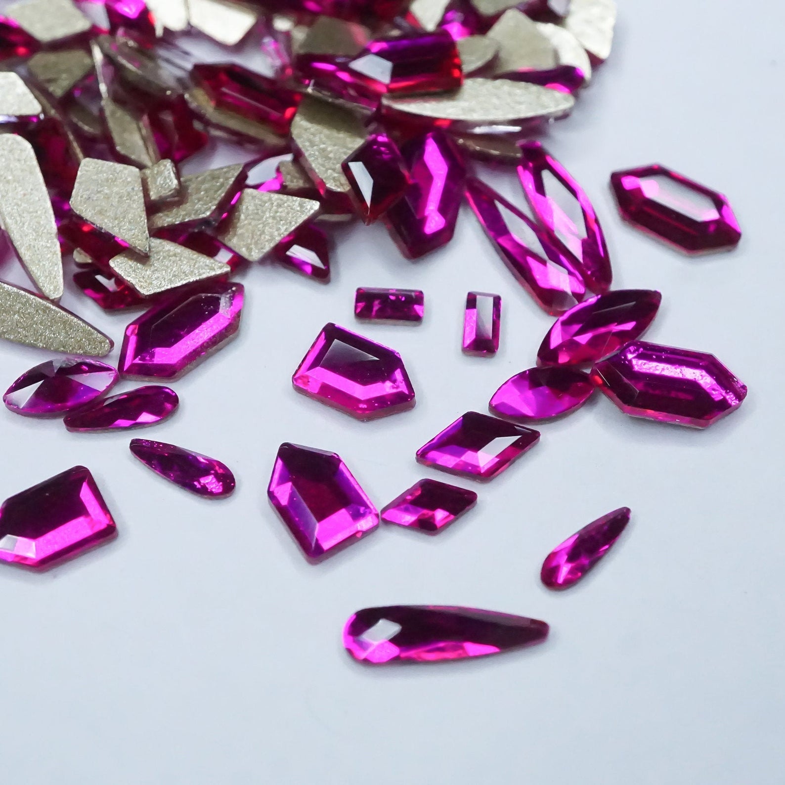 Fuchsia- 100 Mix shapes - Nail art- Rhinestones - GLASS- flat back