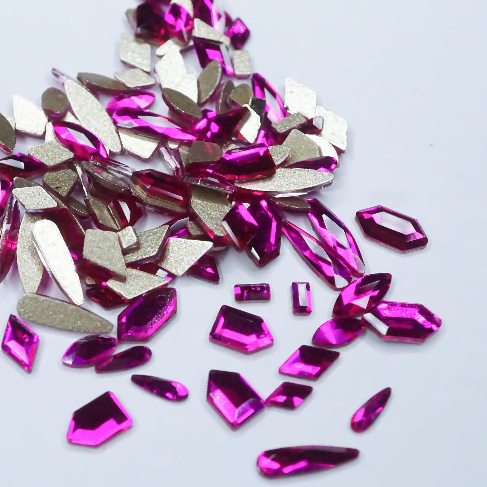 Fuchsia- 100 Mix shapes - Nail art- Rhinestones - GLASS- flat back