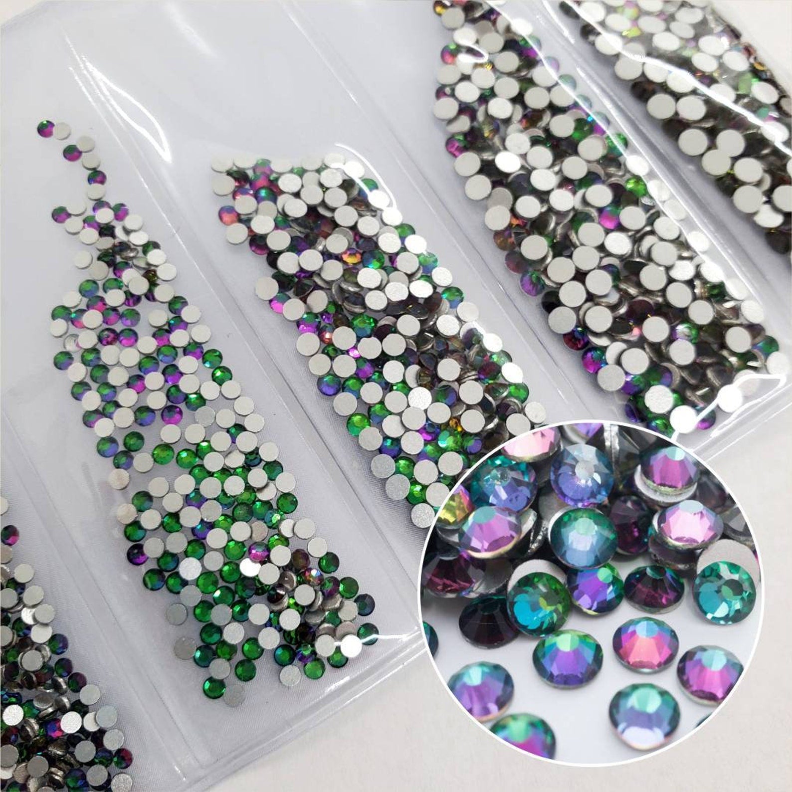 Multi-Size Green flame Rhinestones - GLASS- flat back #057