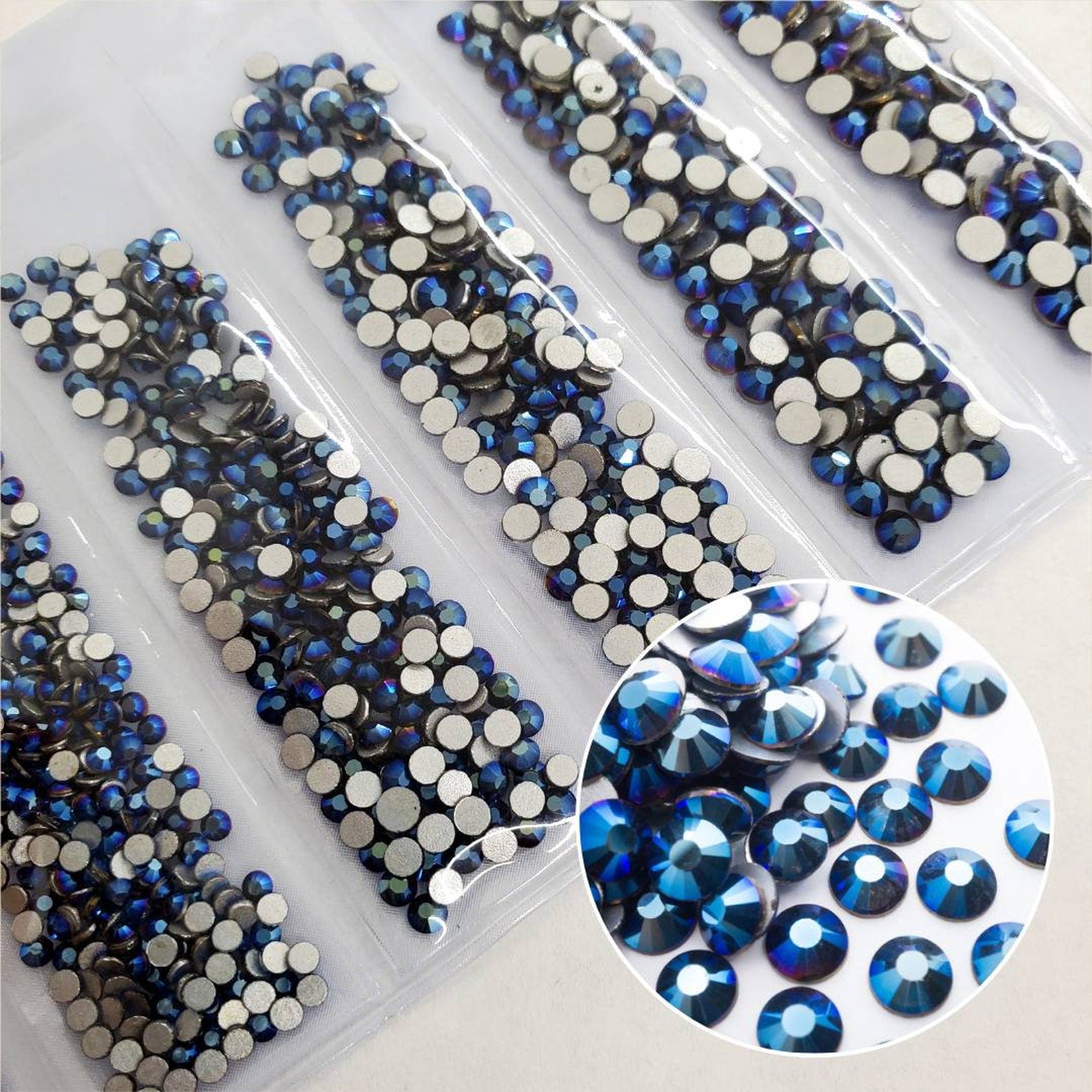 Multi-Size Blue Metallic Rhinestones - GLASS- flat back #065