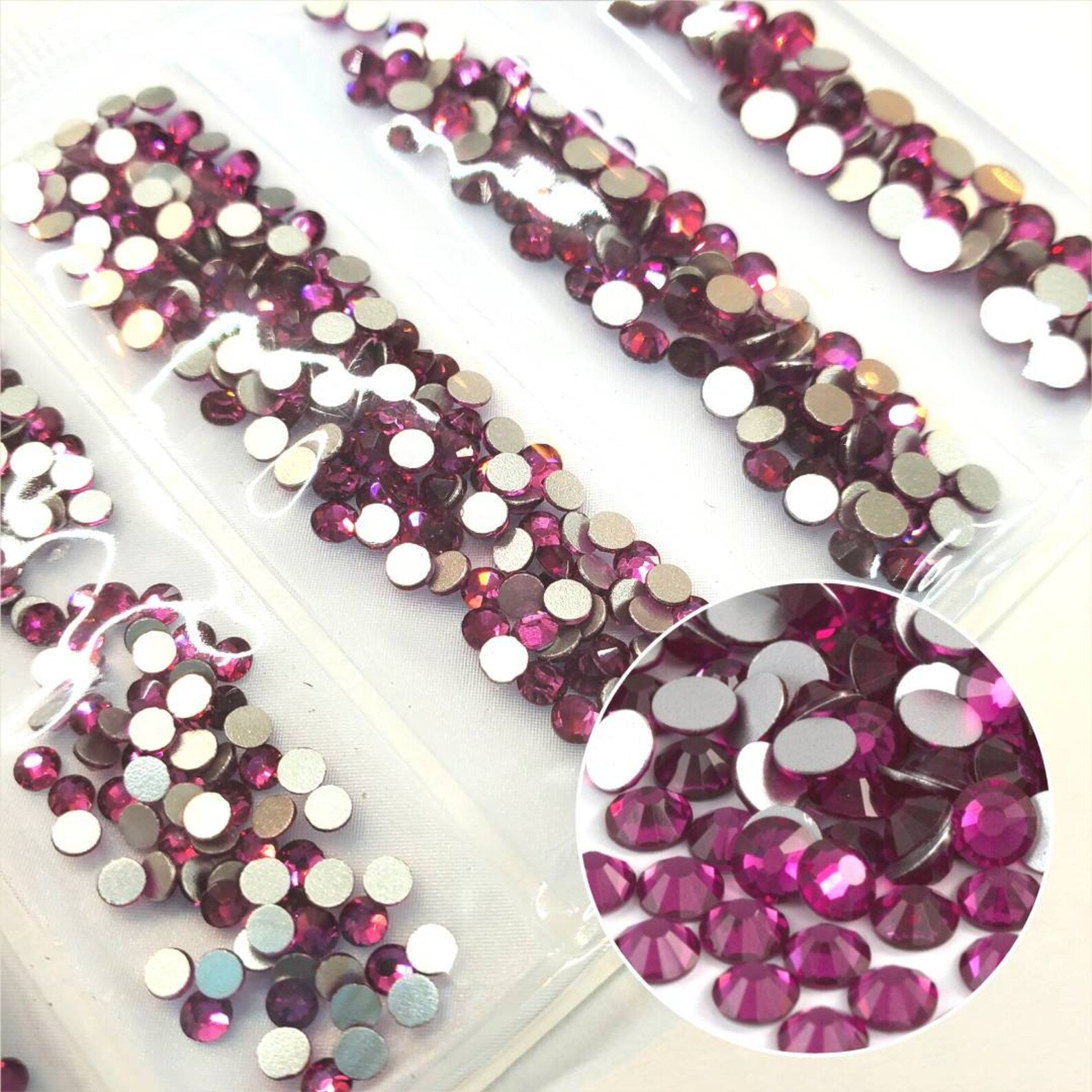 Multi-Size Fucshia Rhinestones - GLASS- flat back #034