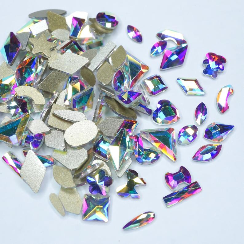 Crystal AB - 100 Mix shapes - Nail art- Rhinestones - GLASS- flat back