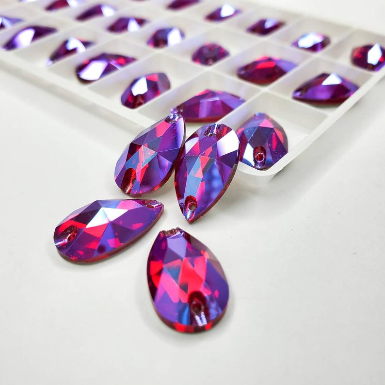 Light Siam AB- DROP Sew On Glass Rhinestone